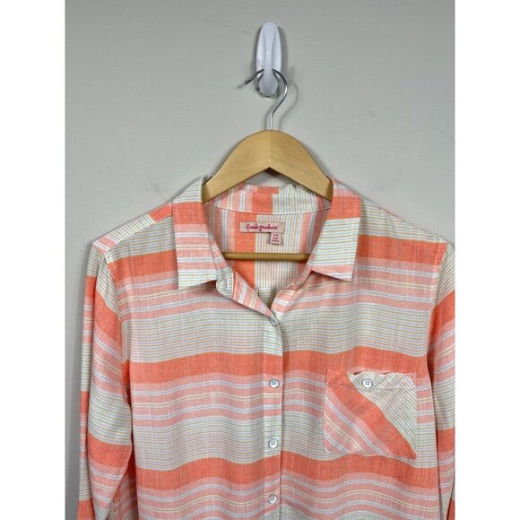 Fresh Produce Womens L White Blouse Button Down Long Sleeve Orange Striped Beach - Picture 2 of 10